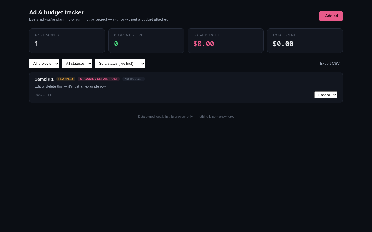Screenshot of the Ad & Budget Tracker tool
