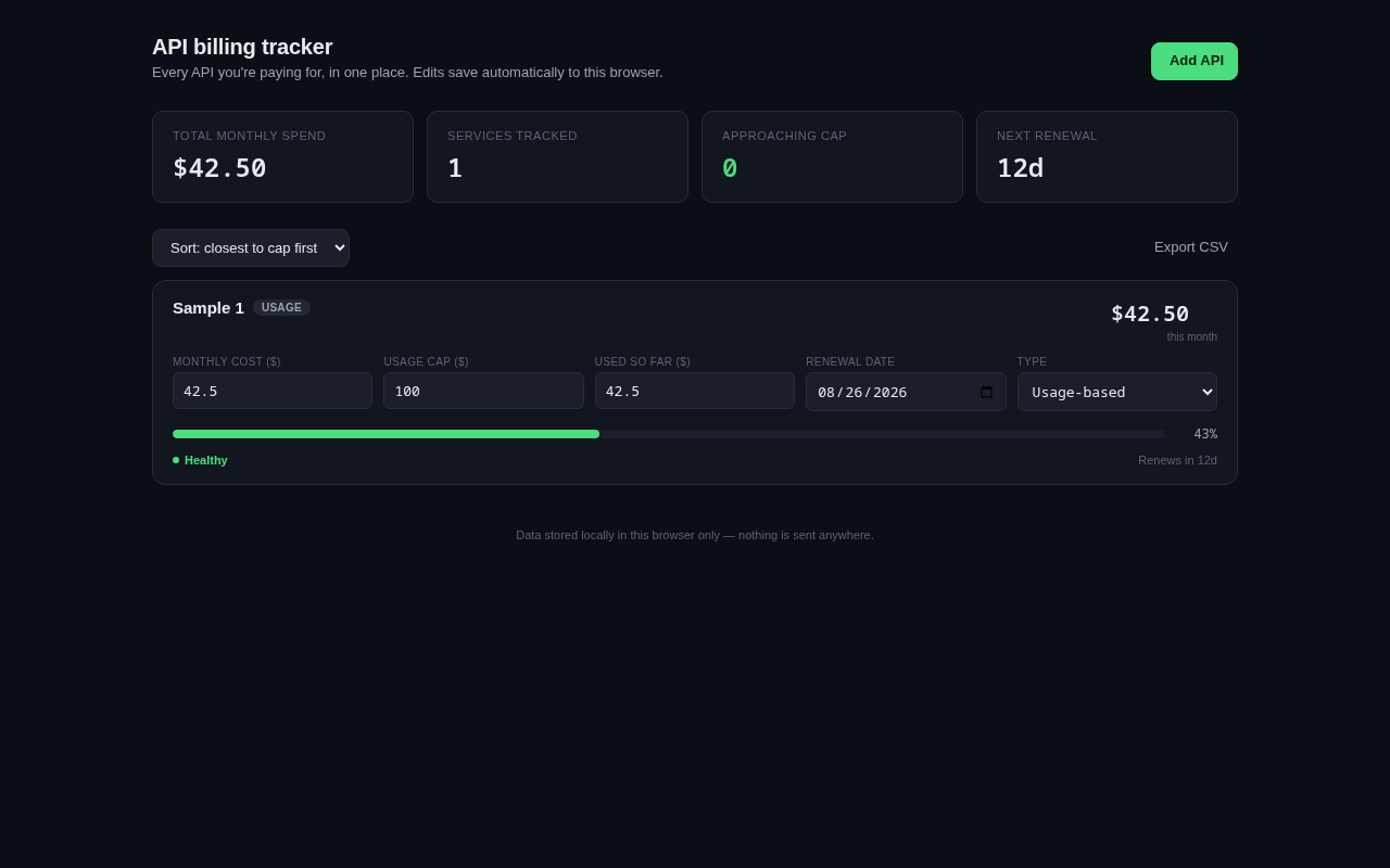 Screenshot of the API Billing Tracker tool
