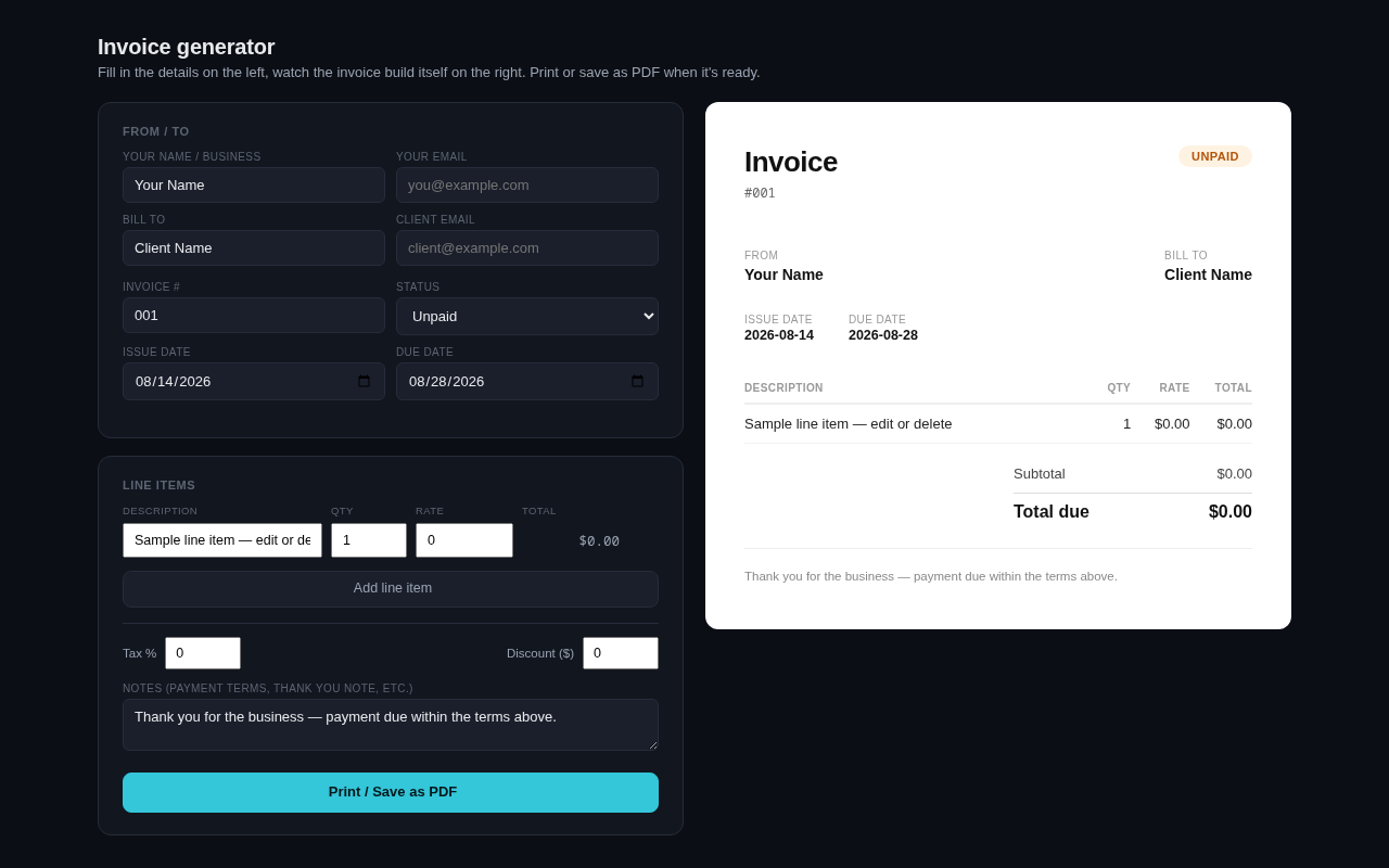 Screenshot of the Invoice Generator tool