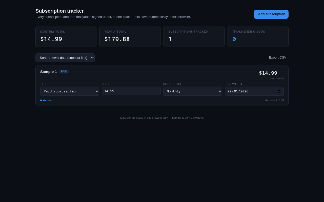 Screenshot of the Subscription Tracker tool